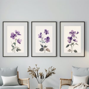 Violets Pressed Floral Art: 3 Piece Vintage Botanical Prints, Gallery Wall Set, Digital Download - Floral Artwork, Colorful Watercolor