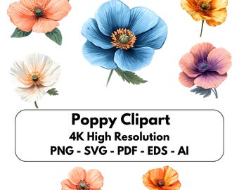 Poppy Clipart PNG, Poppies Clip Art SVG, Colorful Digital Flower for Scrapbooking and DIY Projects, Unique Gift for Art Enthusiasts