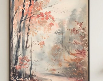 Vintage Watercolor Painting of Fall Foliage Scenery - Antique Autumn Landscape with Soft Colors, Perfect for Home Decor