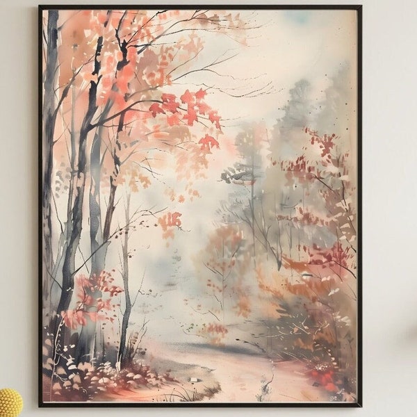 Vintage Watercolor Painting of Fall Foliage Scenery - Antique Autumn Landscape with Soft Colors, Perfect for Home Decor