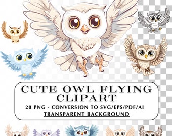 Cute Flying Owl Clipart! 20 Kawaii Owls in Flight Clip Art.  SVG, PNG, Vector Graphics.  Colorful and ready for crafts and projects! DIY