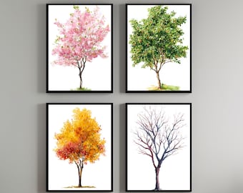 桜の木の水彩画 4枚セット - 四季折々の自然装飾 - 桜の木のプリント