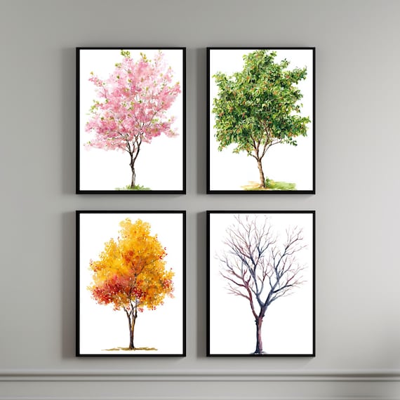 桜の木の水彩画 4枚セット - 四季折々の自然装飾 - 桜の木のプリント