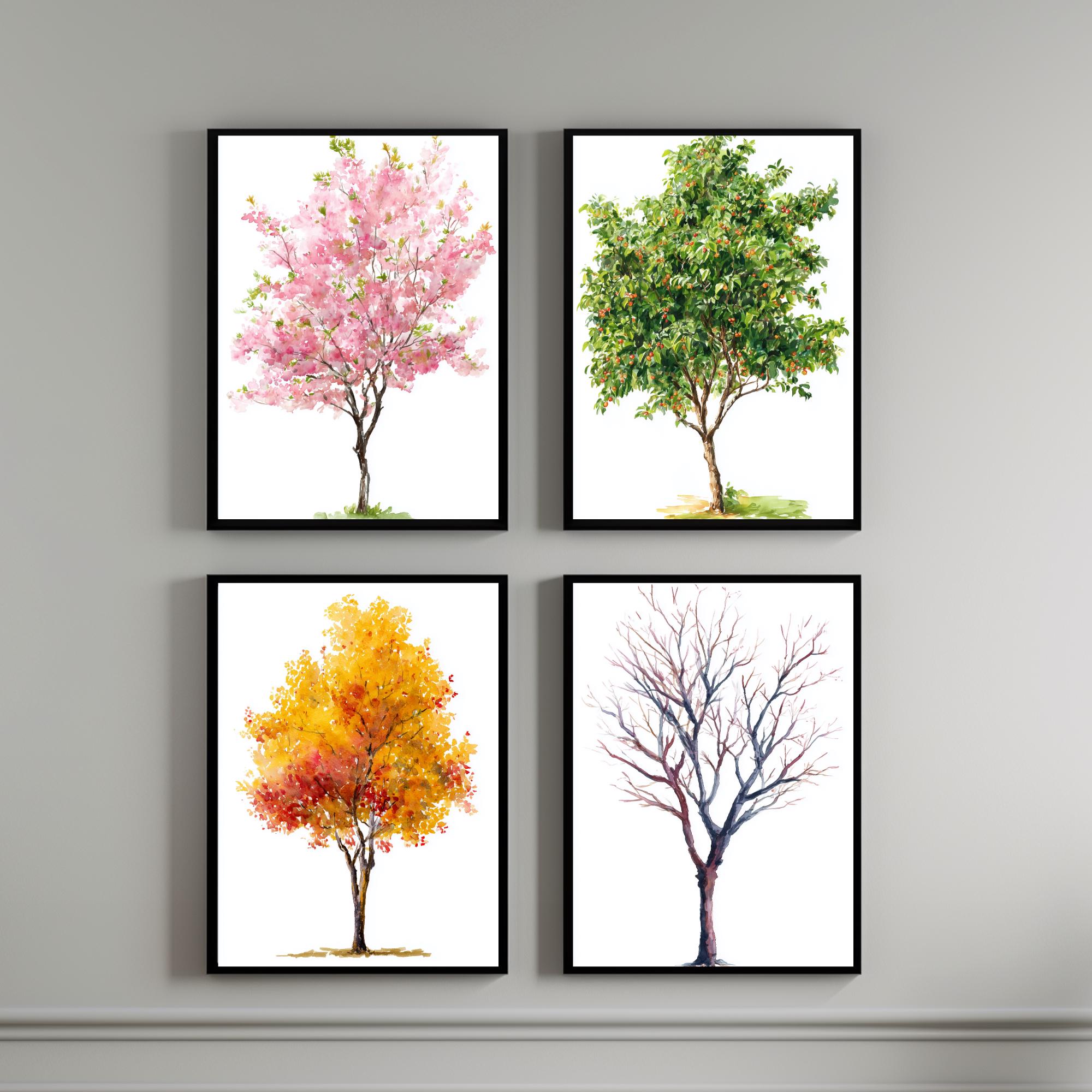 桜の木の水彩画 4枚セット - 四季折々の自然装飾 - 桜の木のプリント