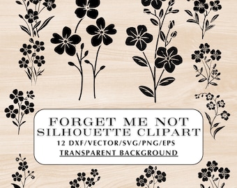 May include: A set of 12 black and white forget-me-not flower silhouette clipart images. The images are in a variety of sizes and arrangements. The text "FORGET ME NOT SILHOUETTE CLIPART 12 DXF/VECTOR/SVG/PNG/EPS TRANSPARENT BACKGROUND" is at the bottom of the image.