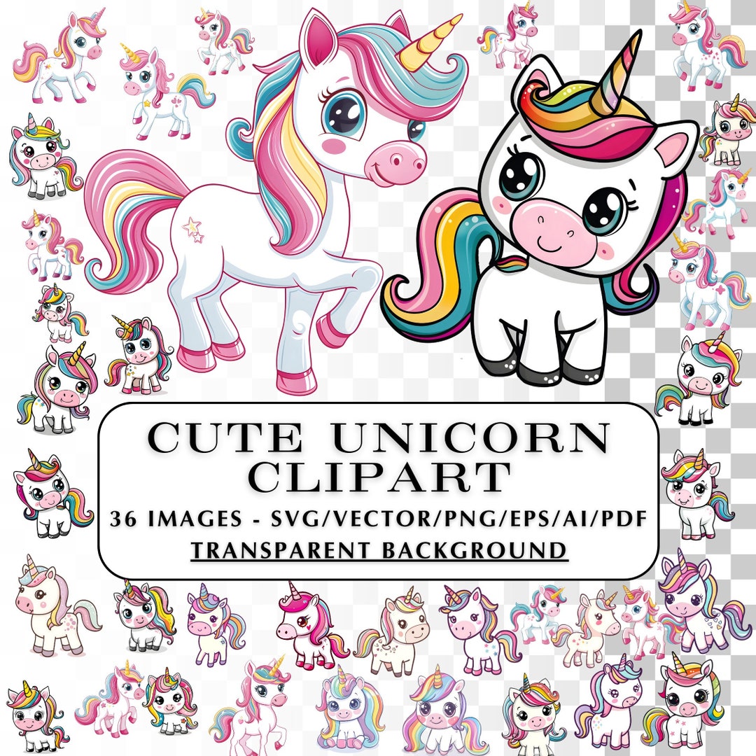 Kawaii Unicorn Clipart - 36 Cute Unicorn SVG PNG Images - Instant ...