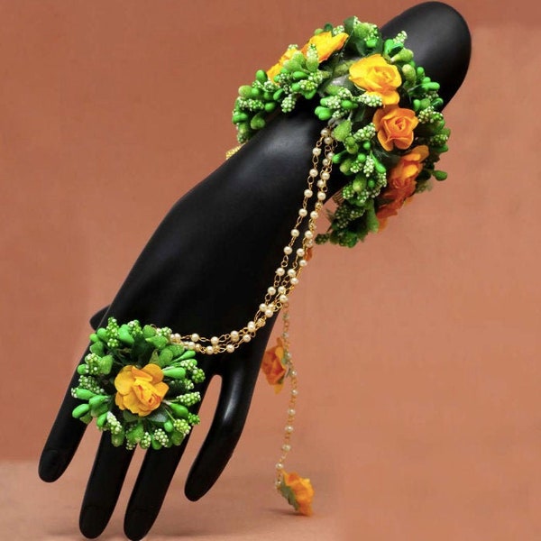 Synthetic Floral hathphool south asian mehndi sangeet bracelet desi style with ring