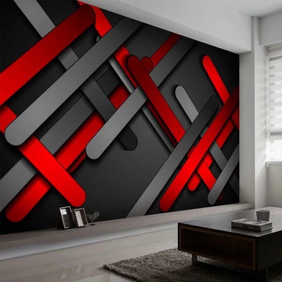3d Wallpaper Red Black Mural Art Geometric Illusion 3d Wall Etsy