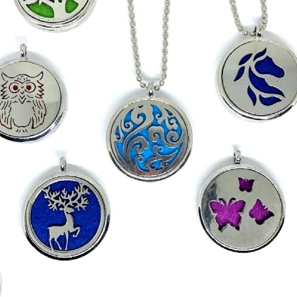 Aromatherapy Diffuser Pendant Locket for Essential Oils, Stainless Steel ~Unisex~ Tree, Owl, Horse, Lizard, Cat, Peace Sign+