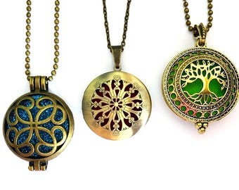 Golden Bronze Locket Pendant/ Assorted Essential Oils Diffuser Necklaces/ Aromatherapy