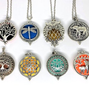 Aromatherapy ~ Essential Oils Diffuser Tibetan Silver Pendant/Necklace Owl, Dragonfly, Lotus Flower, Tree of Life