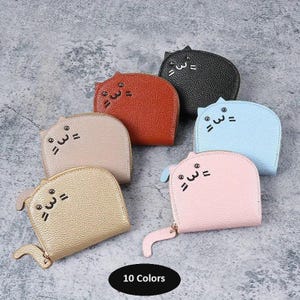 Preciosa cartera con forma de gatito, monedero pequeño de piel sintética, tarjetero, tarjetero, 10 colores