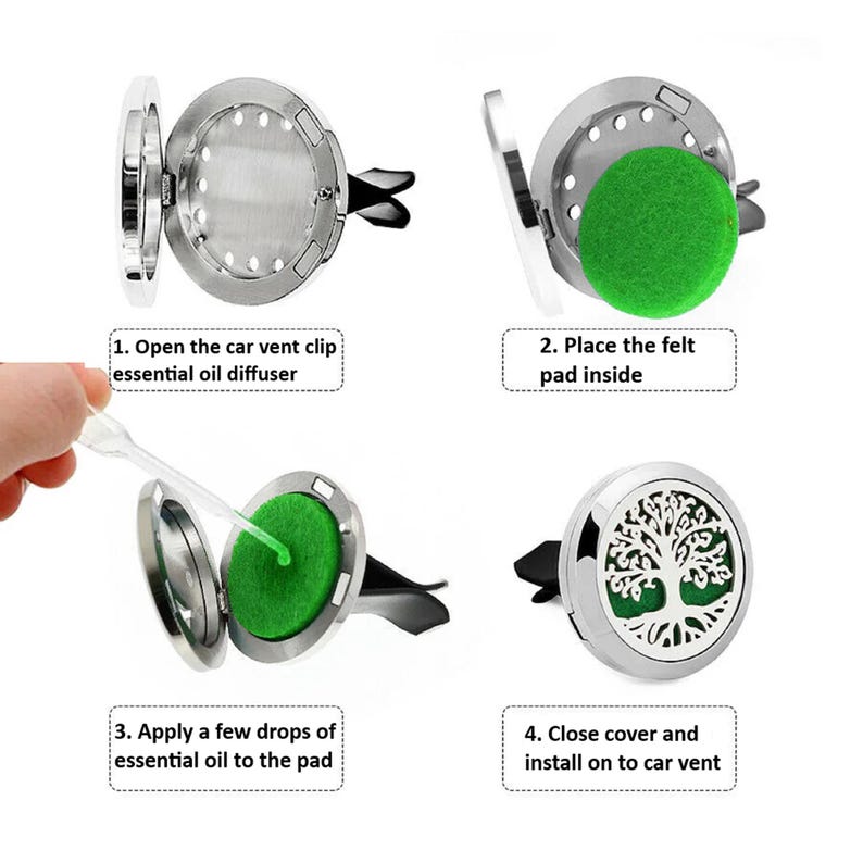 May include: A silver car vent clip essential oil diffuser with a green felt pad inside. The diffuser is open and shows the felt pad. The image shows four steps for using the diffuser: open the clip, place the felt pad inside, apply essential oil to the pad, and close the cover.