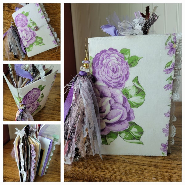 Handmade Junk Journal for sale, mindfulness journal,  handmade journal,  soft cover fabric journal,  blank junk journal- purple flowers