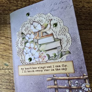 Small Junk Journal handmade, gratitude journal, premade scrapbook album, vintage purple bird books