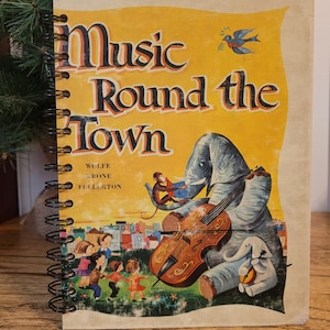 Upcycled book journal, repurposed book journal sketchbook, handmade notebook, altered book- music town, gift under 20