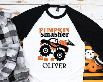 Koszulka Halloween Pumpkin Smasher dla chłopca, Koszulki z naszywką Pumpkin Patch dla maluchów, Spersonalizowana koszulka na Halloween, Koszulka raglanowa z rękawem 3/4 na jesień