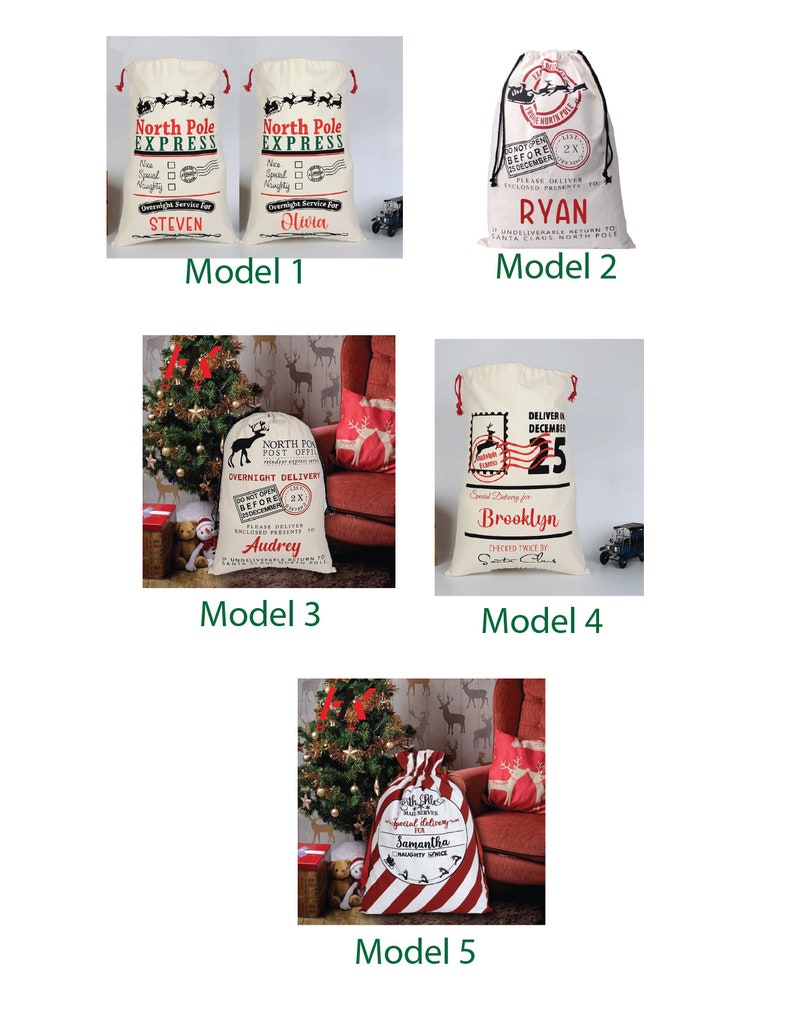 Pu&ograve; includere: Cinque stili diversi di sacchetti regalo di Natale personalizzati. I sacchetti sono realizzati in tela di canapa naturale e presentano vari disegni festivi, tra cui un design North Pole Express, un design di Babbo Natale e un design a strisce di bastoncino di zucchero. Ogni sacchetto ha un nome personalizzato e un messaggio festivo.