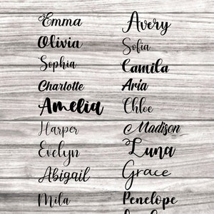May include: A wooden background displays a list of fonts with names like Emma, Olivia, and Avery. The text "Fonts To Choose From" is in pink script at the top. The fonts are in black script, perfect for personalized designs.