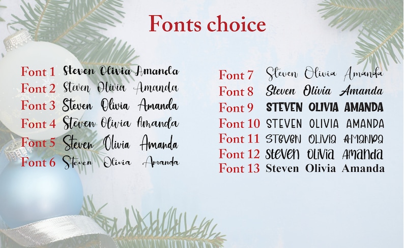 Pu&ograve; includere: Un grafico che mostra 13 diversi stili di font per i nomi Steven, Olivia e Amanda. I font vanno dal corsivo al grassetto e al blocco.