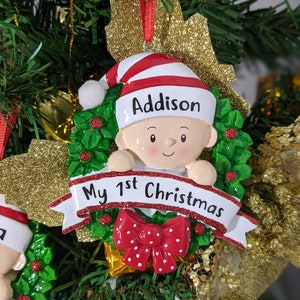 Baby's First Christmas ornament with name personalized, My 1st Christmas Personalized Ornament, Red Wreath ornament Custom Gift, Ceramic image 4