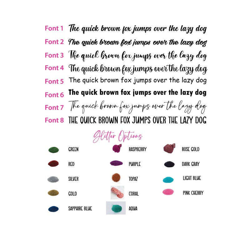 K&ouml;nnte beinhalten: Acht verschiedene Schriftstile f&uuml;r den Satz "The quick brown fox jumps over the lazy dog". Unter dem Text befinden sich 12 Farbmuster f&uuml;r Glitzeroptionen: Gr&uuml;n, Rot, Himbeere, Ros&eacute;gold, Lila, Dunkelgrau, Silber, Topas, Hellblau, Gold, Koralle und Pink-Kirsche.
