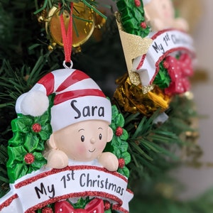 Baby's First Christmas ornament with name personalized, My 1st Christmas Personalized Ornament, Red Wreath ornament Custom Gift, Ceramic image 7