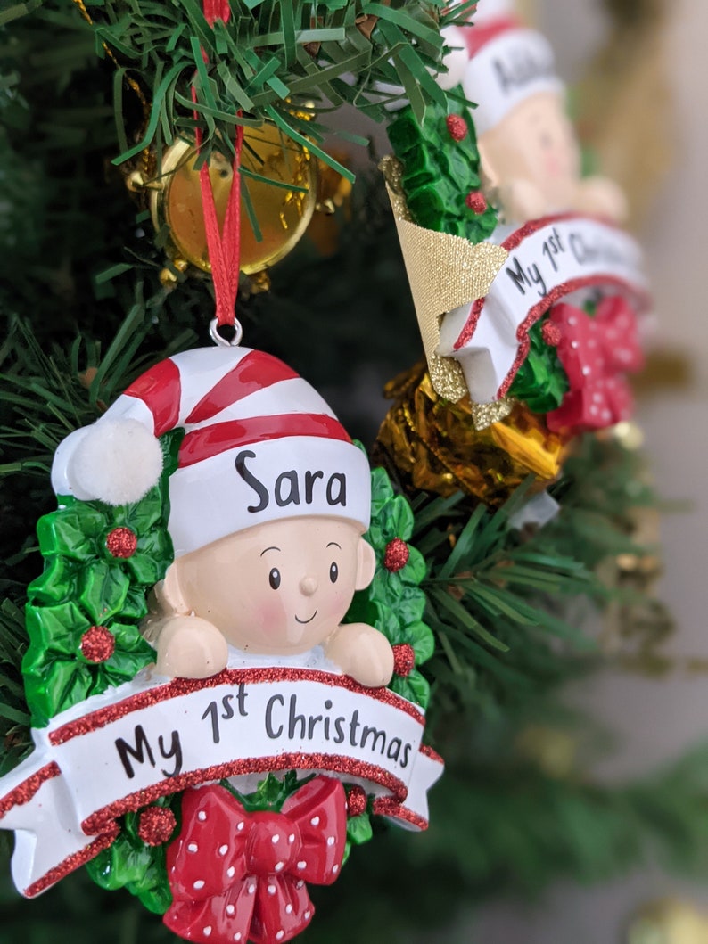 Baby's First Christmas ornament with name personalized, My 1st Christmas Personalized Ornament, Red Wreath ornament Custom Gift, Ceramic image 7
