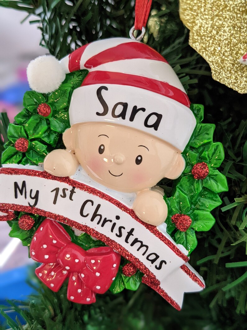 Baby's First Christmas ornament with name personalized, My 1st Christmas Personalized Ornament, Red Wreath ornament Custom Gift, Ceramic image 2