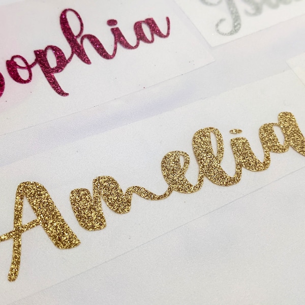 Glitter Name zum Aufbügeln | Benutzerdefinierte Heat Transfer Vinyl | |Personalisiertes Eisen auf Aufkleber |Bekleidungs-Abziehbild | Name Aufkleber | Personalisierter Bekleidungs-Aufkleber