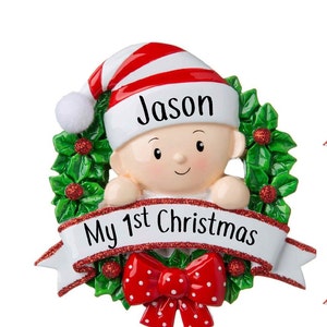 Baby's First Christmas ornament with name personalized, My 1st Christmas Personalized Ornament, Red Wreath ornament Custom Gift, Ceramic