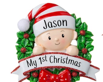 Baby's First Christmas ornament with name personalized, My 1st Christmas Personalized Ornament, Red Wreath ornament Custom Gift, Ceramic