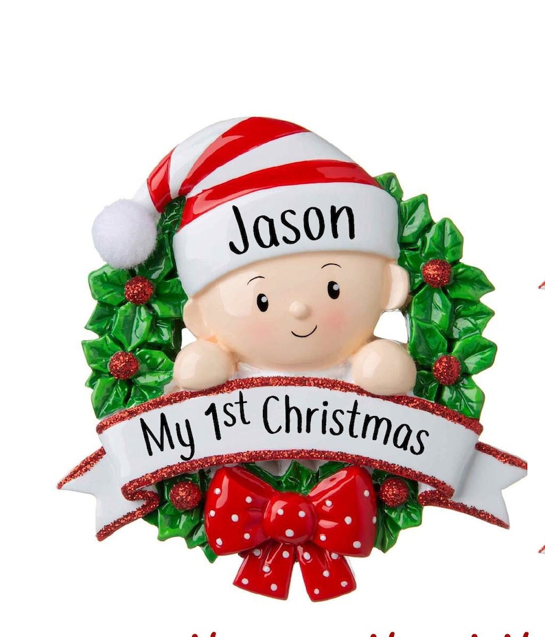 Baby's First Christmas ornament with name personalized, My 1st Christmas Personalized Ornament, Red Wreath ornament Custom Gift, Ceramic image 1