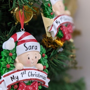 Baby's First Christmas ornament with name personalized, My 1st Christmas Personalized Ornament, Red Wreath ornament Custom Gift, Ceramic image 6
