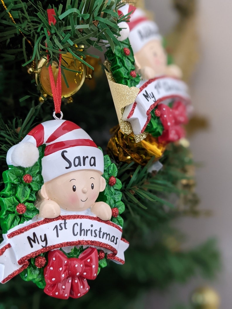Baby's First Christmas ornament with name personalized, My 1st Christmas Personalized Ornament, Red Wreath ornament Custom Gift, Ceramic image 6