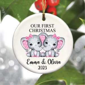 Twins Baby Girls First Christmas ornament, Personalized Baby 1st Christmas, Babys ceramic ornament, Custom Name on Ornament, Twins Keepsake