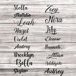 May include: A digital image displays a selection of cursive fonts, each showcasing a different name. The text "Fonts To Choose From" is in pink script at the top. The names are in black, with a wooden background.