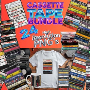 May include: An image promoting a cassette tape bundle. The image features stacks of cassette tapes, a white t-shirt, and a mug, all adorned with cassette tape designs. The text "CASSETTE TAPE BUNDLE" and "24 High Resolution PNG's" are also visible.