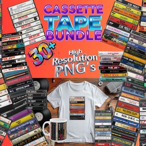 May include: A promotional image featuring a "Cassette Tape Bundle" with stacks of vintage cassette tapes. A white t-shirt and a mug display cassette tape designs. The image includes text: "30+ High Resolution PNG's". The color scheme is vibrant with orange and various cassette tape colors.