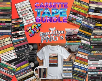 Op de afbeelding: Een promotieafbeelding met een "Cassette Tape Bundle" met stapels vintage cassettes. Een wit t-shirt en een mok tonen cassette-ontwerpen. De afbeelding bevat de tekst: "30+ High Resolution PNG's". Het kleurenschema is levendig met oranje en diverse cassettekleuren.