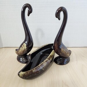 Vintage Japan Ceramic Swan Figurine Pair & Console Planter Brown Drip Glaze MCM