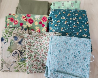 Fabric Scraps Lot Mixed Green Floral Geometric Cotton Batik 1lb 3oz