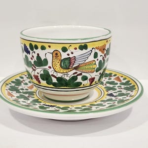 Sberna Deruta Italy Cup & Saucer Set  Hand Painted Majolica Coffee or Tea, Bird Arabesco
