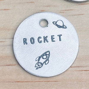 Space Dog ID Tag, Dog name Tag, silver ID tag, Pet Tag, Pet Name Tag, Dog Collar Tag, Cat Collar Tag, Metal Dog Tag, Brass Dog ID