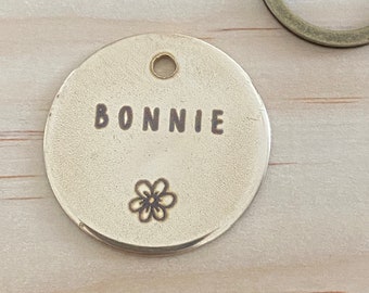 Flower dog ID, Floral Dog Tag, Flower Pet ID, Flower Dog Name Tag, Cute Dog Tag, Silver Dog Tag, Floral Puppy Tag, Brass Puppy Tag