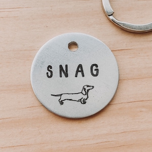 Dachshund Dog ID Tag, Snag Dog name Tag, silver ID tag, Pet Tag, Pet Name Tag, Dog Collar Tag, Cat Collar Tag, Metal Dog Tag, Brass Dog ID