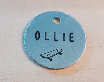 Ollie Dog ID Tag, skateboard Dog name Tag, silver ID tag, Pet Tag, Pet Name Tag, Dog Collar Tag, Cat Collar Tag, Metal Dog Tag, Brass Dog ID