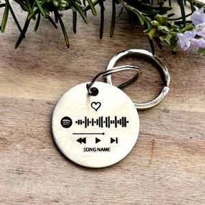 May include: Silver keyring with a round tag featuring a heart, a Spotify logo, a barcode, and play/pause buttons. The tag says "SONG NAME".