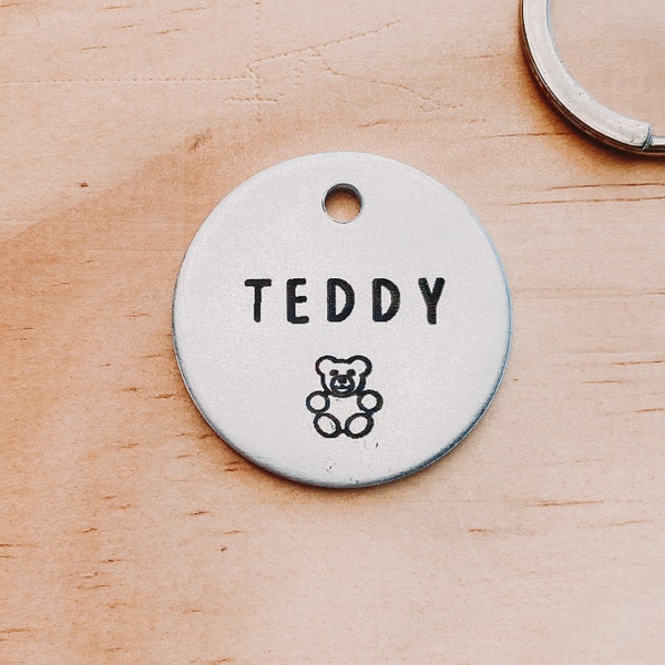 Teddy Bear metal Dog Tag, silver ID tag, Pet Tag, Pet Name Tag, Dog Collar Tag, Cat Collar Tag, Metal Dog Tag, Brass Dog ID Tag