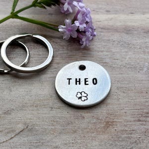 Tiny pet ID Tag, 4 leaf clover Dog name Tag, silver ID tag, clover leaf Pet Name Tag, Dog Collar Tag, Shamrock Cat Collar Tag, Metal, Brass